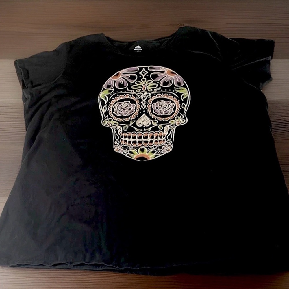Way to Celebrate! Halloween Women Black Tee-Shirt w/ Sugar Skull Graphic Size 3X